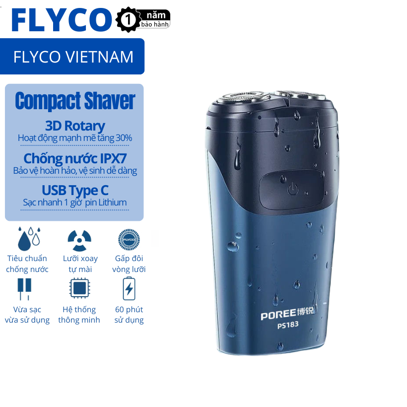 Flyco 2 blades men Shaver dual body waterproof IPX7 fast charging 1 hour