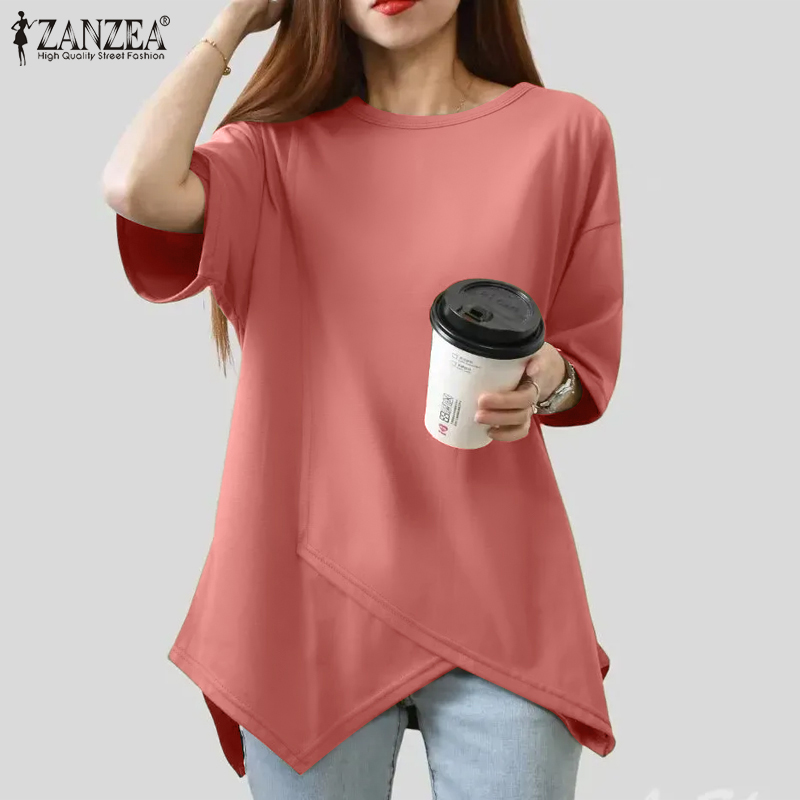 Hijabfab ZANZEA phong cách Hàn Quốc của phụ nữ áo thời trang mới thiết kế phá cách hàng đầu tay ngắn O-Cổ áo phông #10