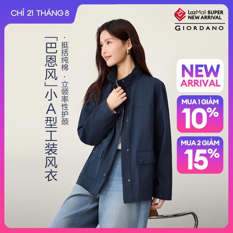 GIORDANO Women Jackets 100% Cotton Mid Length Cargo Jackets Stand Collar Snap Buttons Fashionable Casual Loose Jackets 13376786