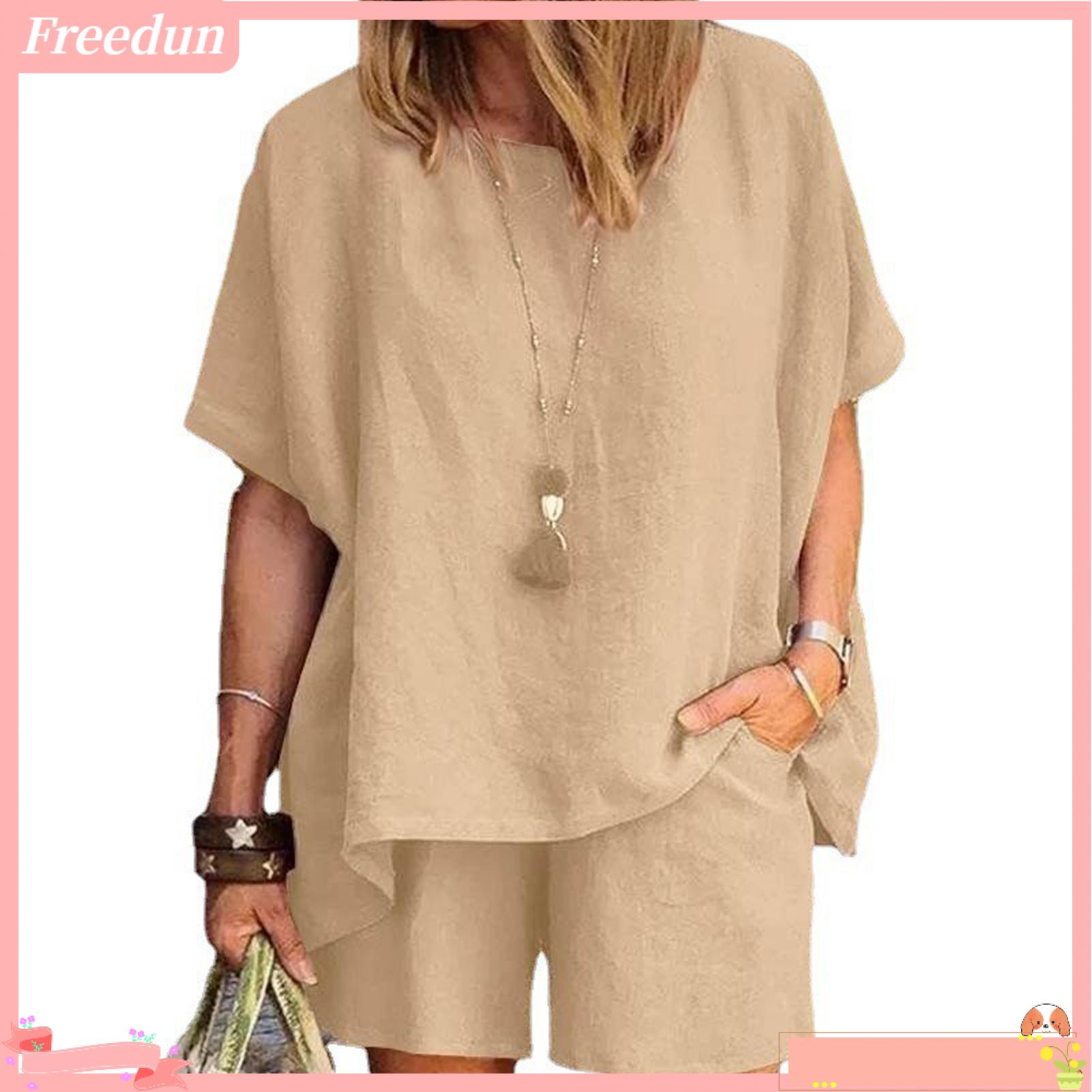 Freedun® Women Linen Outfit Solid Color Casual Set Women's Cotton Linen 2-piece Outfit Set Summer Casual Loungewear Tracksuit with Pockets