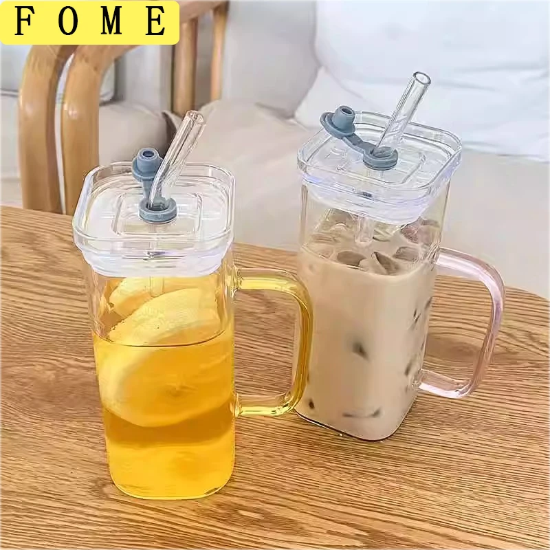 【Rear Waves】 400ml High Borosilicate Glass Straw Cup With Handle And Lid Square Clear Seal Mug Tumbler Cups For Iced Coffee Juice 1/2pcs