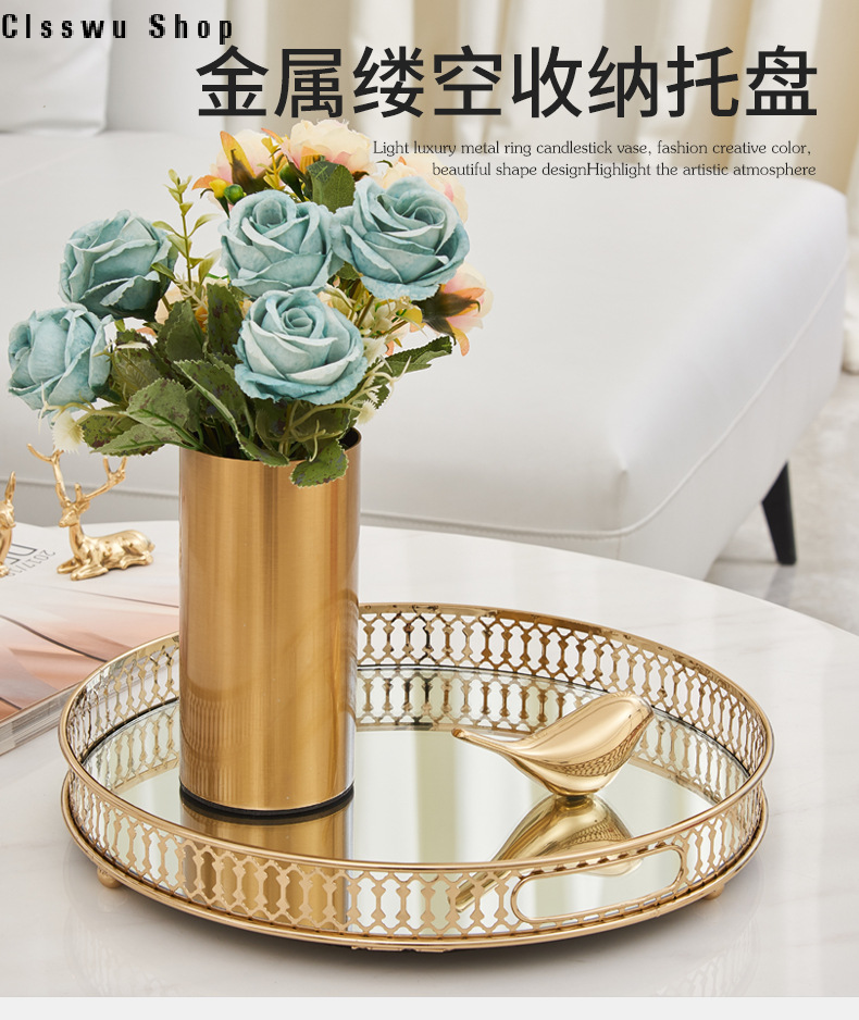 European-style cylindrical metal electroplated vase ornaments living room model room golden iron flower arrangement light luxury soft decoration