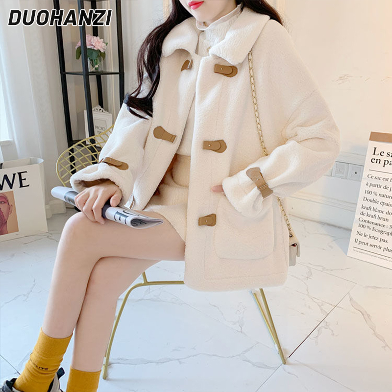 Duohanzi cừu Áo Khoác Lông Cừu Nữ phiên bản Hàn Quốc Mới Nhỏ của áo có nút dài tay rộng