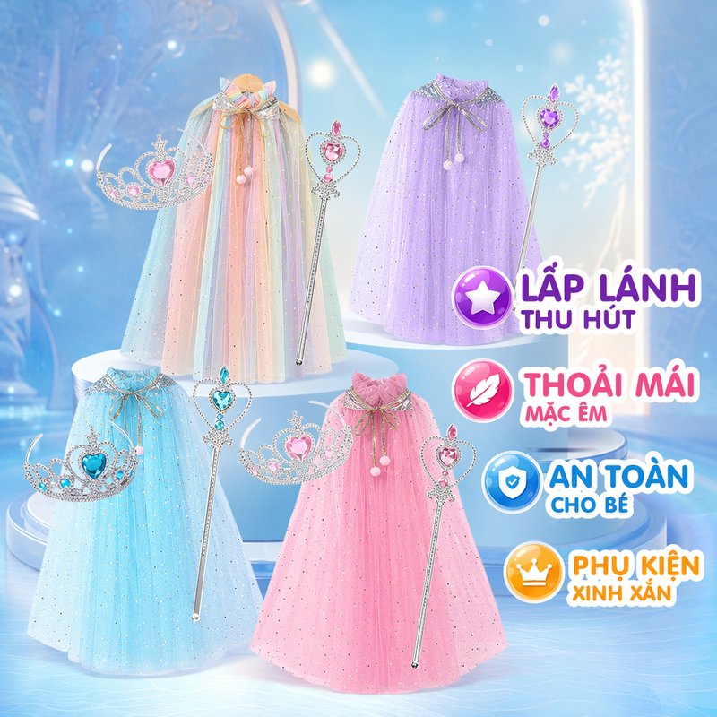 áo choàng elsa công chúa trẻ em vương miện gậy phép voan mềm lấp lánh hóa trang biểu diễn tiệc sinh nhật