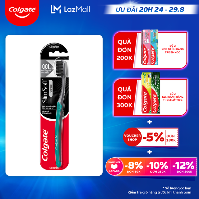 [Ưu đãi 20H 24.8 - 29.8_Áp voucher Colgate 5% + voucher LZD 8%]Bàn chải Colgate than hoạt tính kháng khuẩn SlimSoft Charcoal mềm mảnh