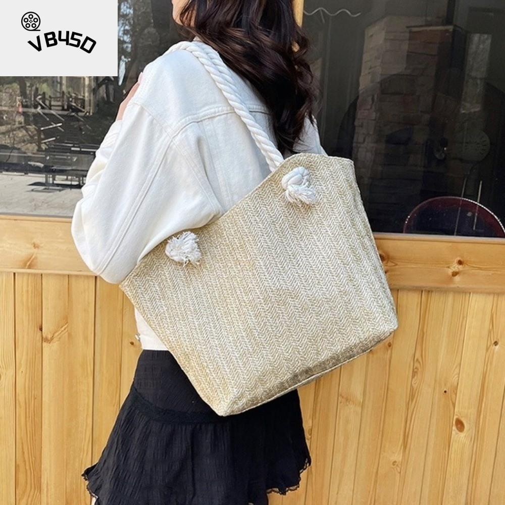 VB45D Màu đơn sắc Túi cói Dung lượng lớn Bohemian Túi đeo vai dưới cánh tay Thanh lịch Rộng rãi Túi xách đi biển Nữ