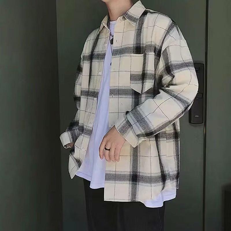 Men's casual plaid shirt day trend lazy new top temperament long sleeve youth popular simple jacket