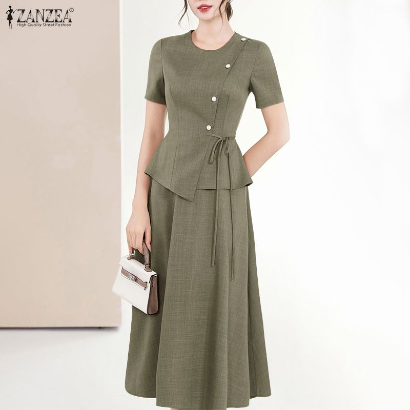 Celmia ZANZEA phong cách Hàn Quốc Phụ nữ phù hợp với nút ngắn tay thanh lịch Áo xếp li Chân Váy Chữ A Xếp Li OL làm việc Bộ #1117