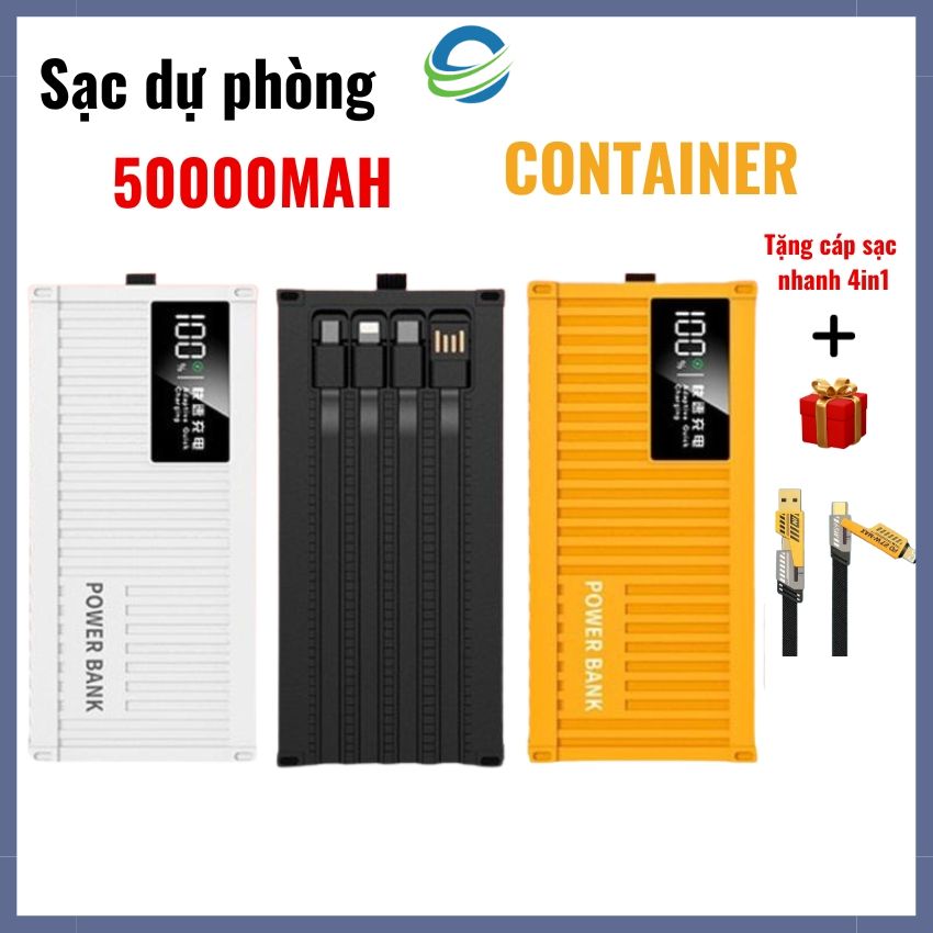 TẶNG CÁP SẠC NHANH PIN Dự Phòng CONTAINER 50000mAh tích hợp 4 dây ra bảo hành 12 Tháng phụ Kiện Điện Thoại Pin Dự Phòng Sạc Pin Đèn