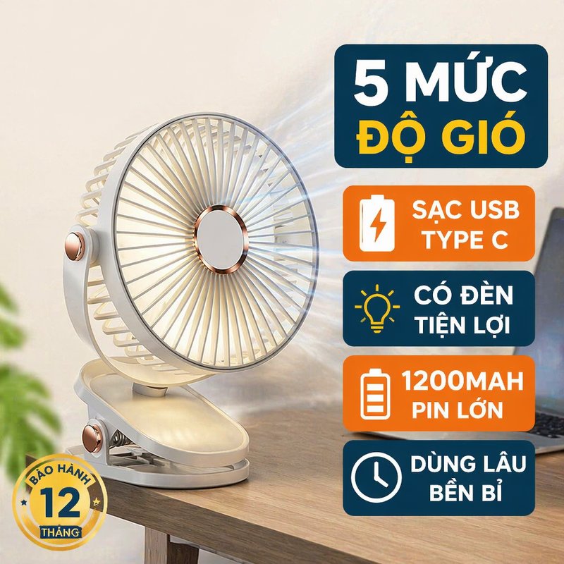 quạt kẹp quạt bàn quạt sạc usb type c 5 mức gió có đèn mini để bàn học văn phòng pin 1200 2400