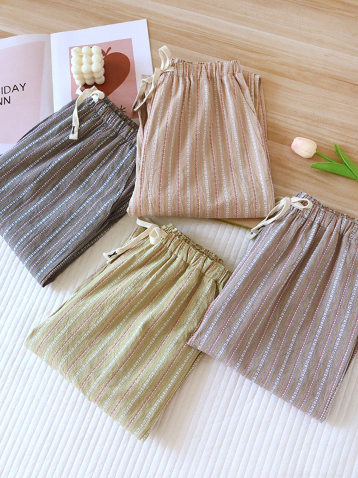 MUJI Non-printed Style Cotton Pajama Pants Women's Spring And Autumn Pants Loose Casual Outdoor Plus Size Japanese Striped Home Pants Pants NEW Genuine