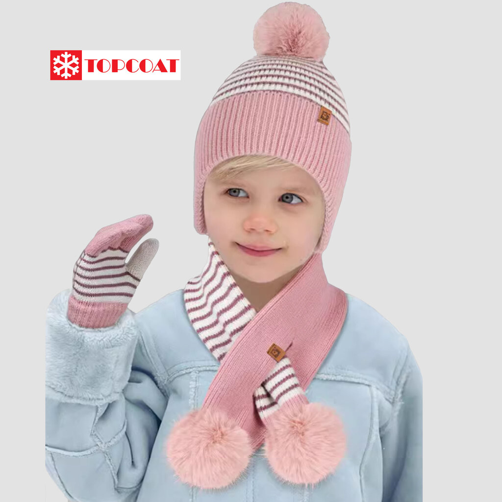 TOPCOAT เซ็ทถุงมือ หมวกและผ้าพันคอแบบสวมสำหรับเด็กลายเส้น มีจุกเฟอร์ตกเเต่งที่หมวกและผ้าพันคอ (1 เซ็ท) Freesize ราคา 790 บาท*ส่งฟรี