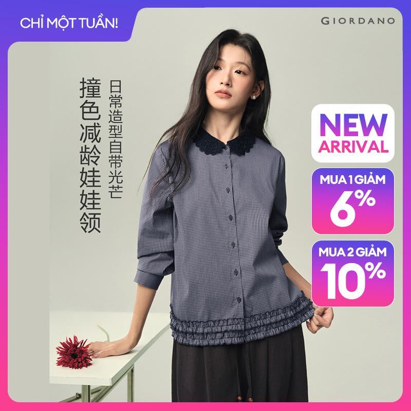 GIORDANO Women Shirts Lace Doll Collar Plaid Shirts Ruffle Hem Long Sleeve Fashionable Casual Loose Shirts 18346324
