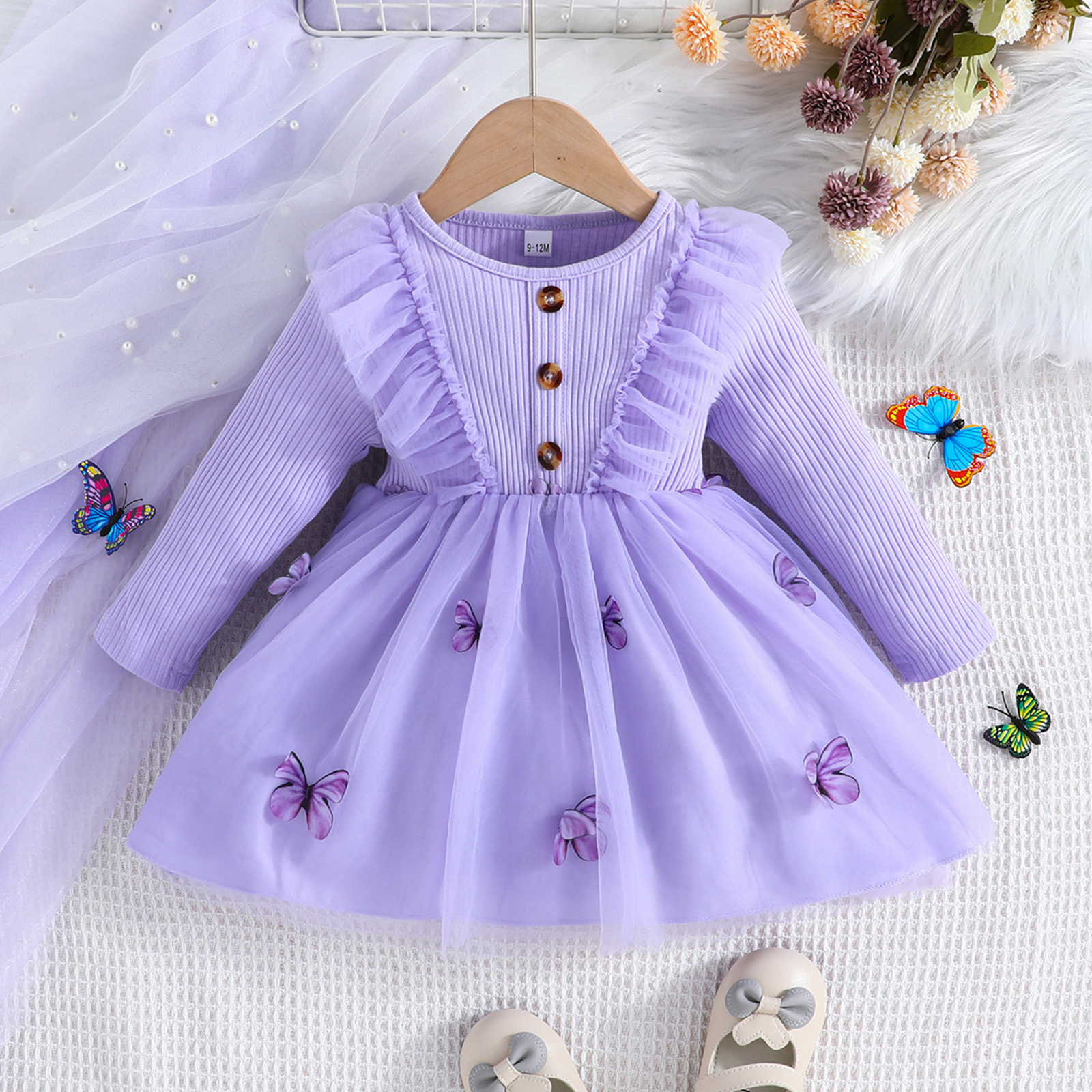 Heartandsoul-0-4y phong cách trẻ em cô gái xinh đẹp Cổ Tích váy màu tím, Đầm Dài Tay Cổ Tròn Bướm vải tuyn ĐẦM MÙA THU Chắp vá