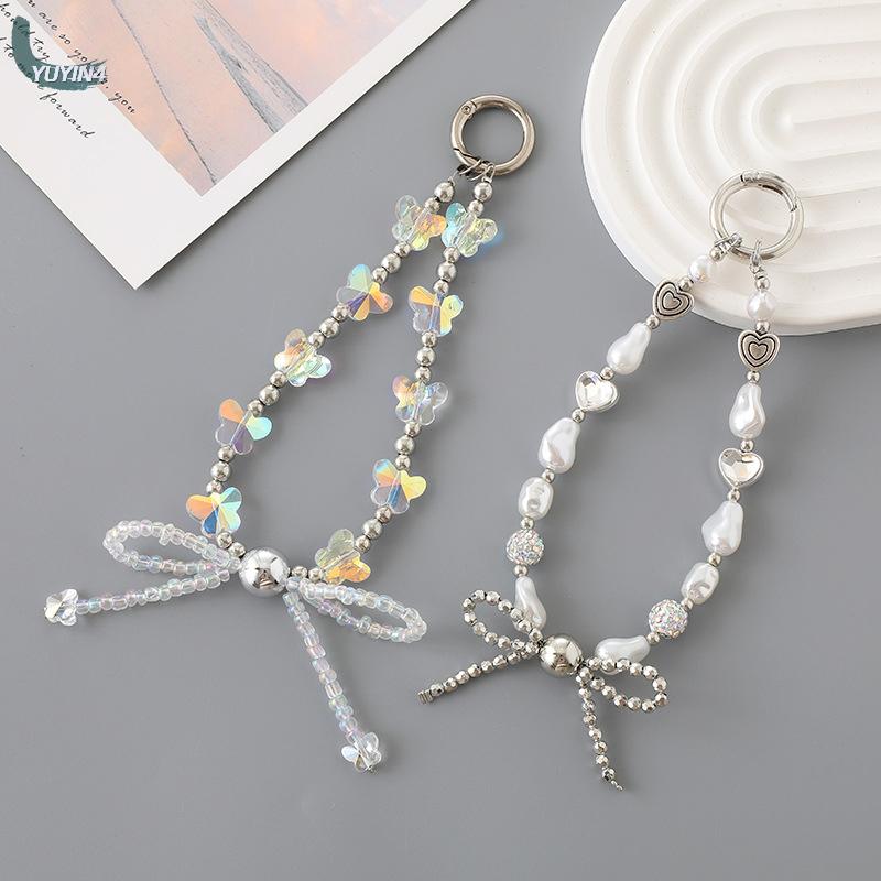 YUYIN4 Bướm Ngọc Trai Bow Đính Cườm Điện Thoại Di Động Chuỗi Chống-Mất Điện Thoại Dây Buộc Bướm Knot Ban Nhạc Cổ Tay Keychain Mặt Dây Chuyền