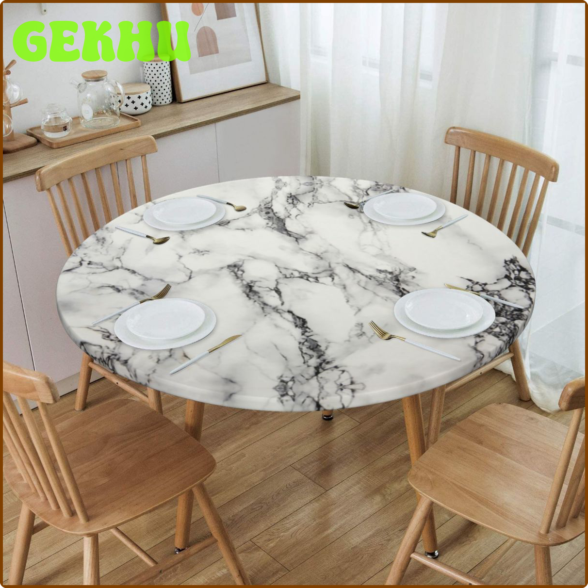 GEKHU Round Oil Tight White Marble Texture Table Cover Fitted Abstract Art Table Cloth Backing Edge Tablecloth for Dining Room EDTYJ