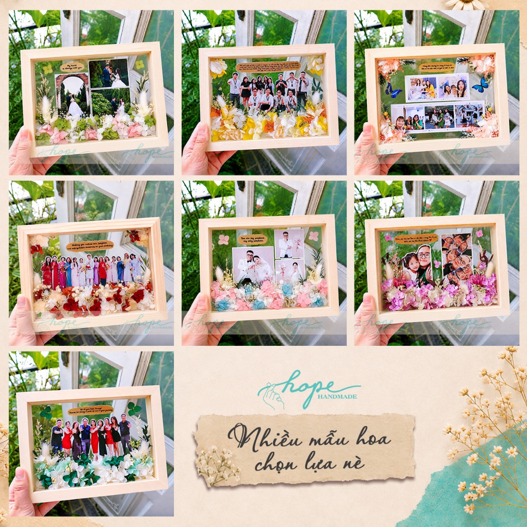 Set hộp quà khung ảnh hoa khô làm quà tặng gia đình, đồng nghiệp, bạn bè, kỷ niệm để bàn, treo tường