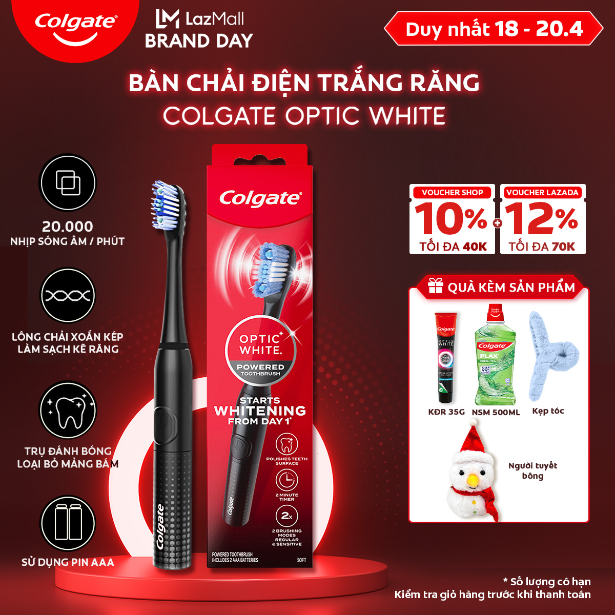 [Chỉ 18 - 20.4_Áp Voucher Shop 10% + Voucher Lazada 12%] [MỚI] Bàn chải điện Colgate Optic White dùng pin, cho răng trắng sáng với công nghệ sóng âm