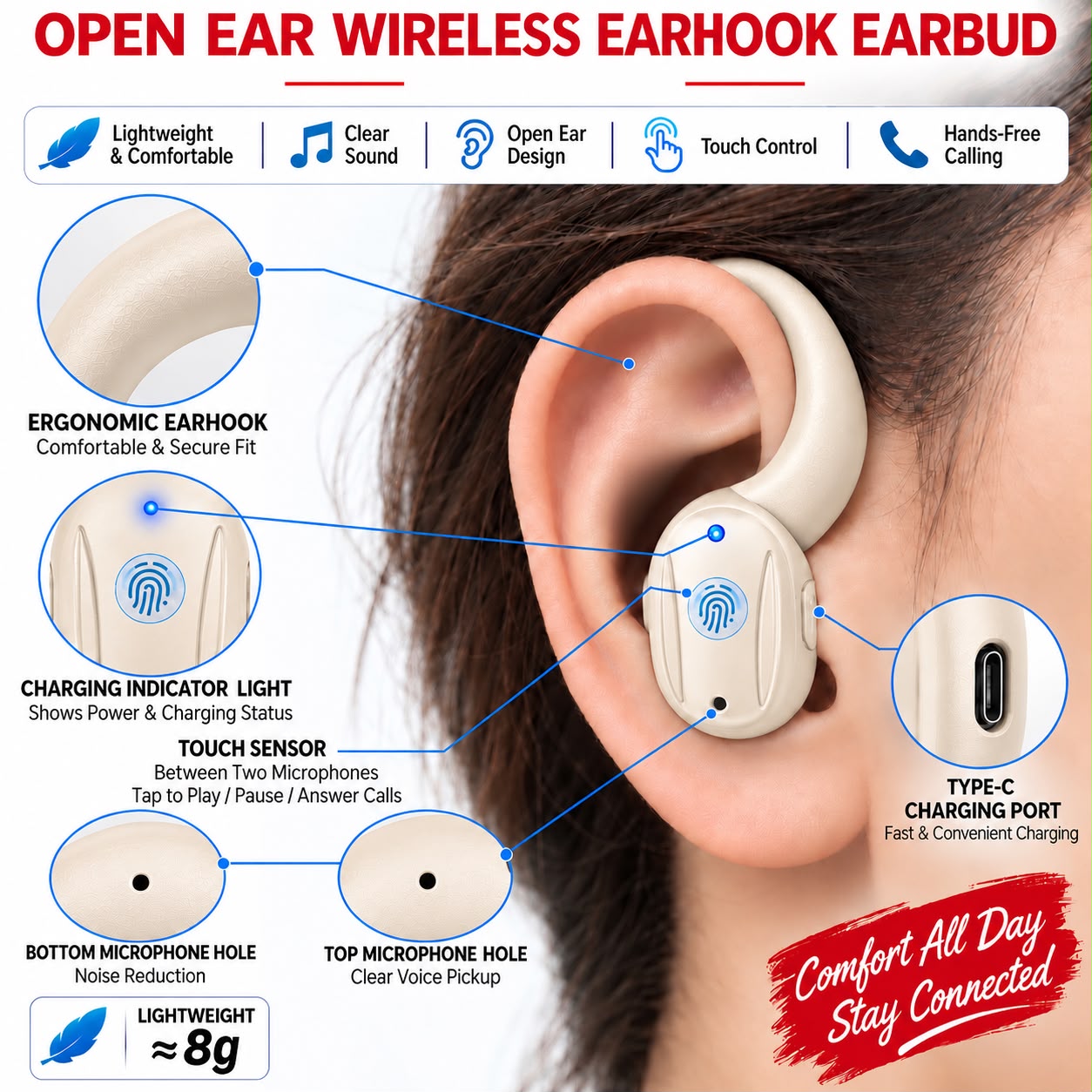 Original Wireless Bluetooth 5.0 Universal Hook Earphones Sports Business Single Ear Headset Handsfree headphones With Mic