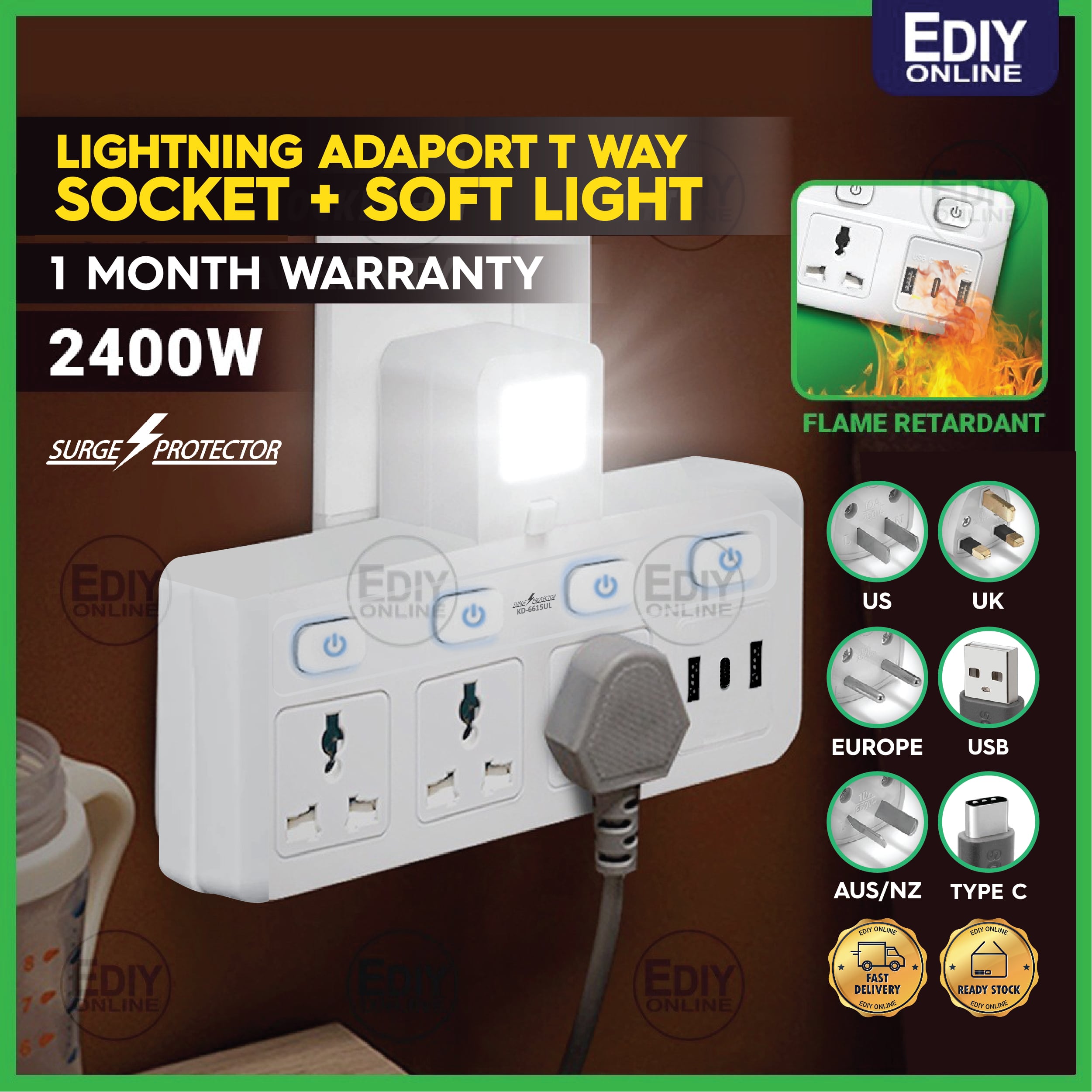 LIGHTNING SURGE PROTECTOR ADAPORT T WAY SOCKET OUTLET CONVERTER NIGHT LIGHT MULTI USB TYPE C CHARGING ADAPTOR CHINA ADAPTER TRAILING