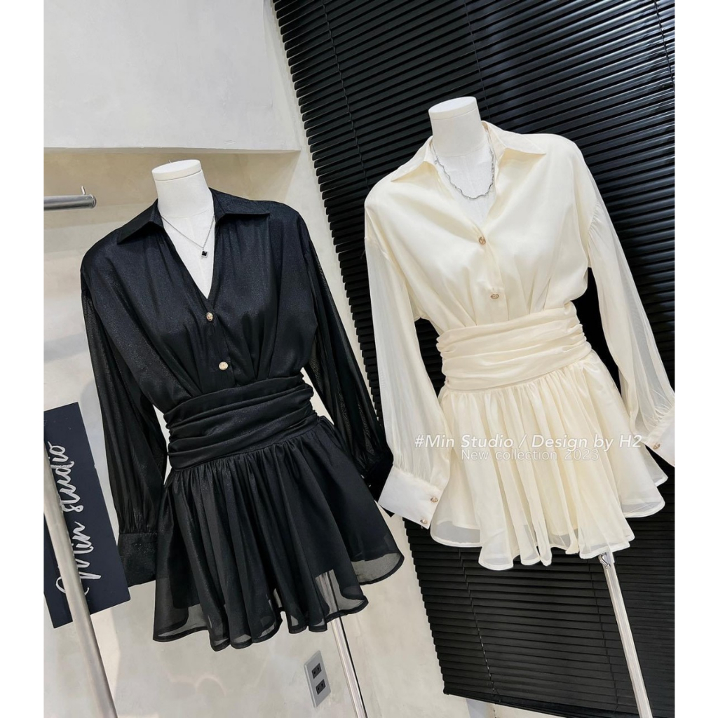Set áo sơ mi lụa cổ bẻ mix chân váy siêu sang
