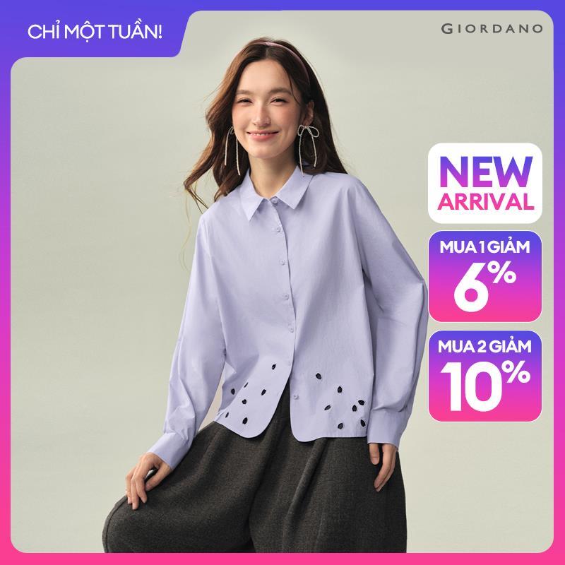 GIORDANO Women Shirts Petal-Cutout Hem 100% Cotton Shirts Long Sleeve Fashionable Casual Relaxed Shirts 18346623