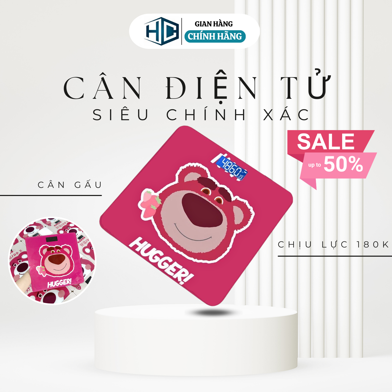 Cân điện tử gấu dâu hồng kèm pin chắc chắn dễ thương