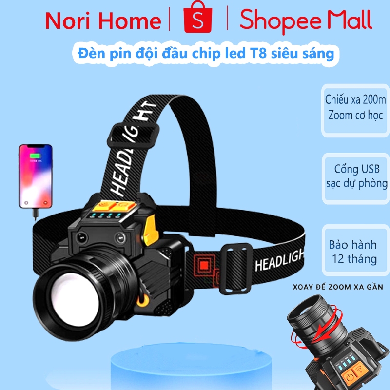 Đèn pin đội đầu siêu sáng Corisu T8 siêu sáng chiếu xa 200m có zoom, cảm biến bật tắt tiện lợi