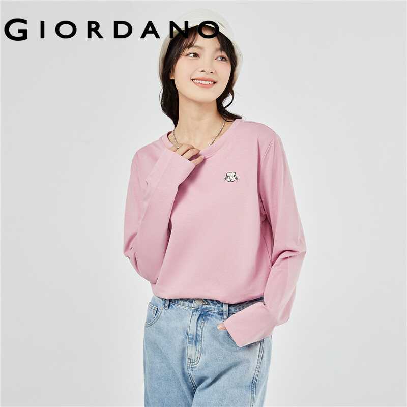GIORDANO Women T-Shirts Sheep Embroidery Cotton Tee Crewneck Long Sleeve Simple Basic Comfort Fashion Casual Tshirts 13323551