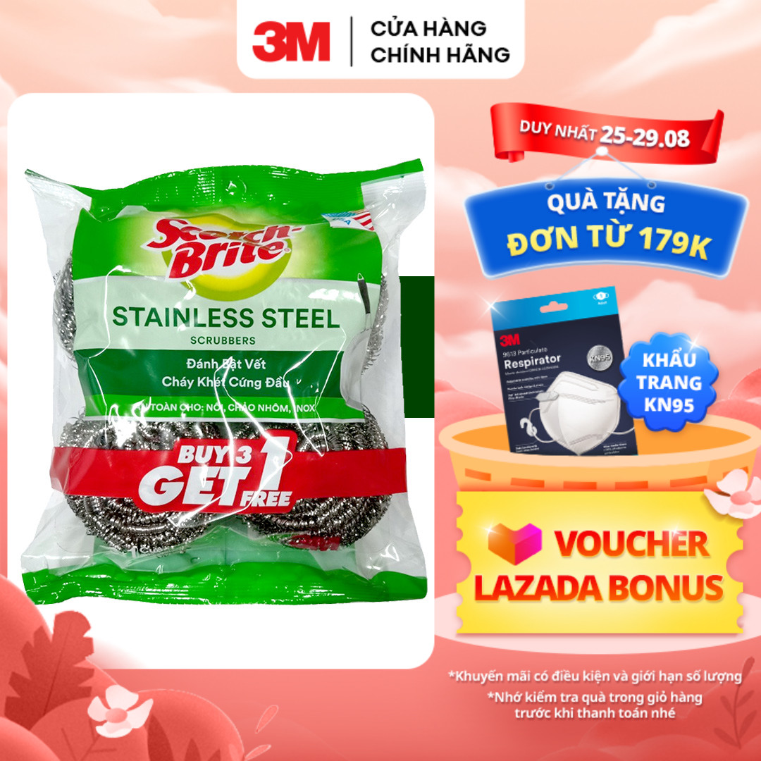 Combo 4 Miếng cọ rửa xoong nồi Inox  3M™ Scotch-Brite®, sợi inox 410 bền chắc, không gãy vụn, gói 4 miếng