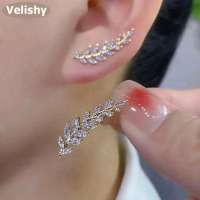 Velishy Jewelry Luxury Shiny Rhinestone Leaf Stud Earrings For Women Exquisite Wheat Ear Cuff Earrings Wedding Jewelry