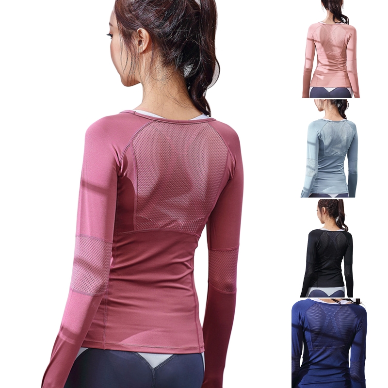 【User-friendly】 YD61 Long Sleeve Workout Shirts for Women Mesh Back Sports Workout Tops Hiking Gym S