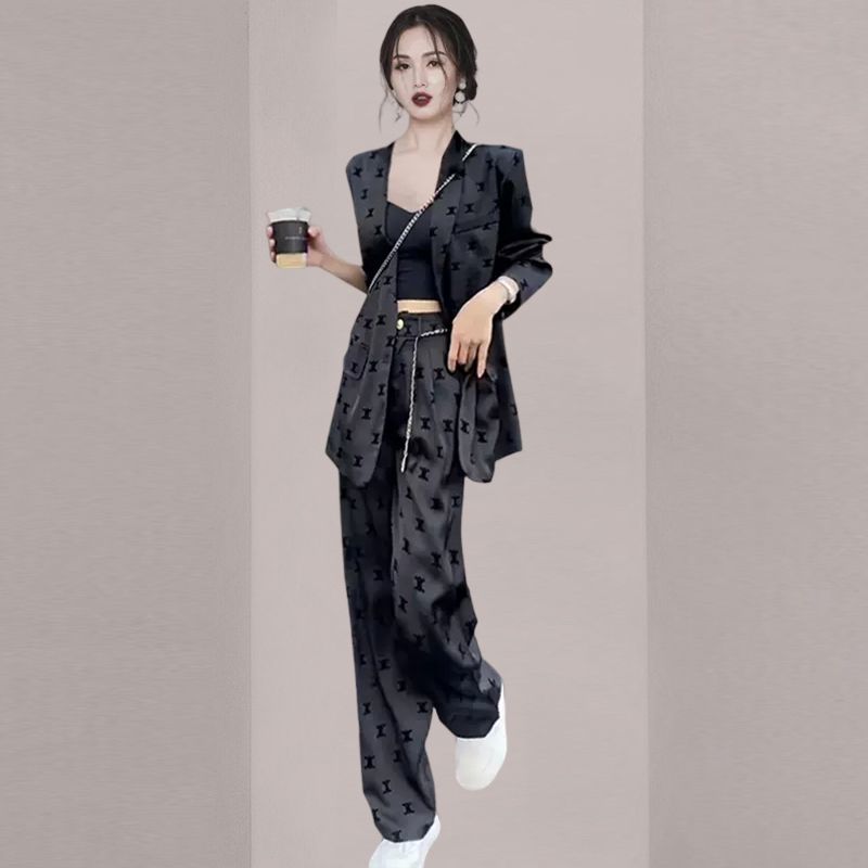 Áo Blazer Nữ RộNg Áo khoác com lê + quần in họa tiết màu đen Mùa Thu eo cao Bộ đồ hai mảnh thời trang quần ống rộng