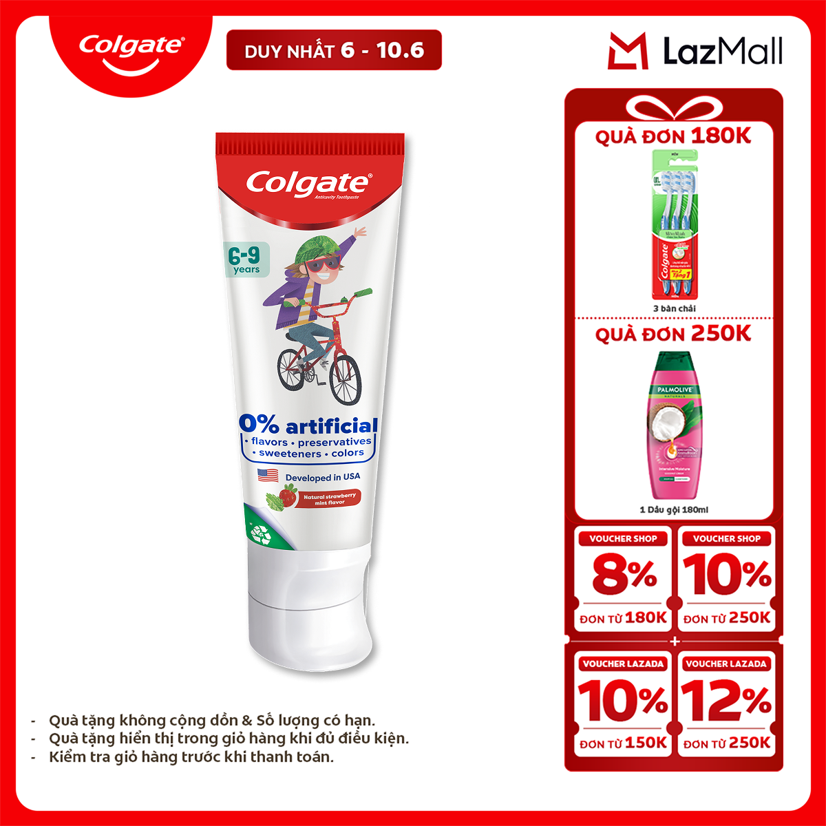 [Chỉ 6-10.6_X2 Voucher giảm 22%] Kem đánh răng Colgate Kid Free From dành cho trẻ em 6-9 tuổi không hương liệu và chất bảo quản 80g