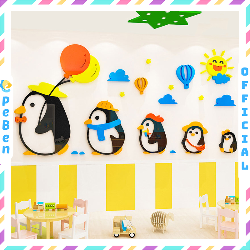 Tranh mica EPeBen dán tường nổi 3d hình Đàn Chim Cánh Cụt bóng bay decor trang trí Mầm Non Mẫu Giáo 