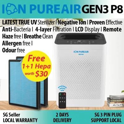 [SG SELLER]Air Purifier ION PUREAIR GEN3 P8(UV) True UV Light Sterilizer/Largest Air Inlet/ LCD Display/Hepa Filter/Negative Ion/Compact/Quieter/Powerful(Free Medical Mask)