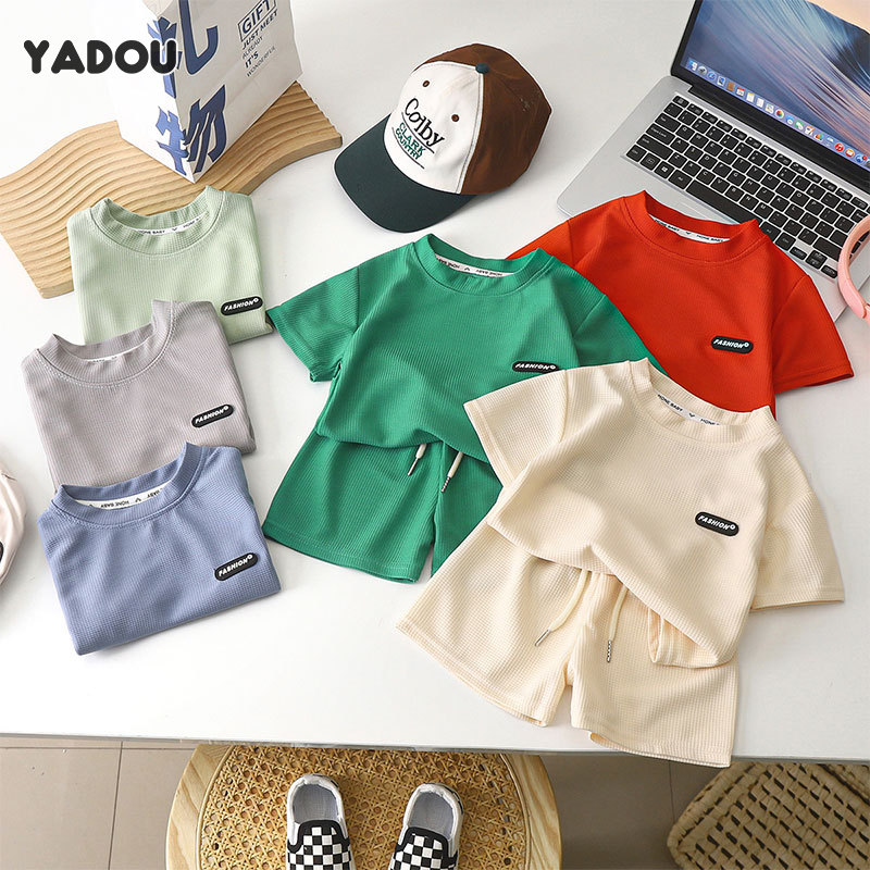YADOU New children's clothing, children's casual suits, loose clothes, boys' short sleeves, waffle baby short sleeves ราคา 132 บาท*ส่งฟรี