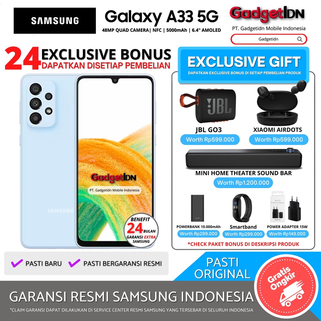 SAMSUNG A33 5G 8/256GB 8/128GB 6/128GB GARANSI RESMI SAMSUNG Harga  4,499,000 Ringgit*Penghantaran Percuma