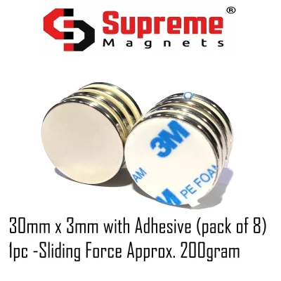 N35 Neodymium Magnet 30mm x 3mm disc with Adhesive (pack of 8) 1pc Sliding Force Approx. 200gram. LTS-SM-ND303A Supreme Magnets