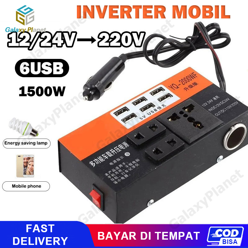 1500W DC Portable USB Car Power Inverter Adapter With 6 USB Ports 12V/24V To AC 220V Charger Fast Charging Car Universal Socket Harga 40,200 rupiah*Gratis Ongkir