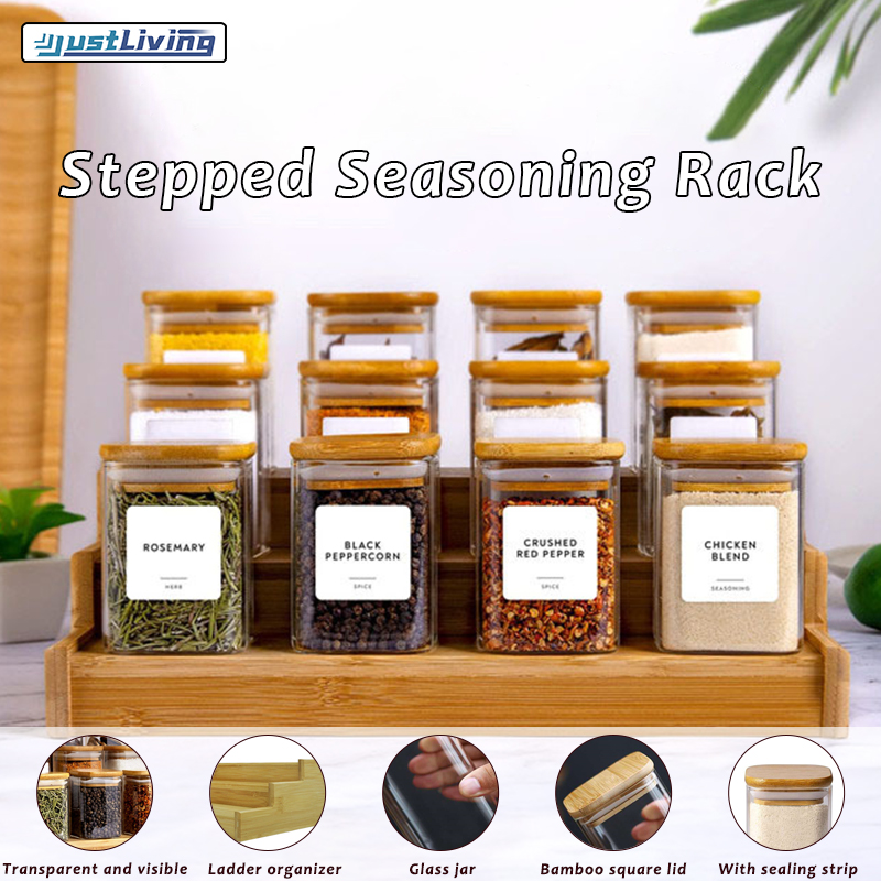 JustLiving 1Set 3Tier Bamboo Spice Rack Seasoning Spice Glass Jar Organizer Pantry Countertop Kitchen Step Shelf Bamboo Lid Glass Spice Jar Kitchen Organization Spice Jar(3Tier Rack+12Pcs 200ml Jars) ราคา 1,416 บาท*ส่งฟรี