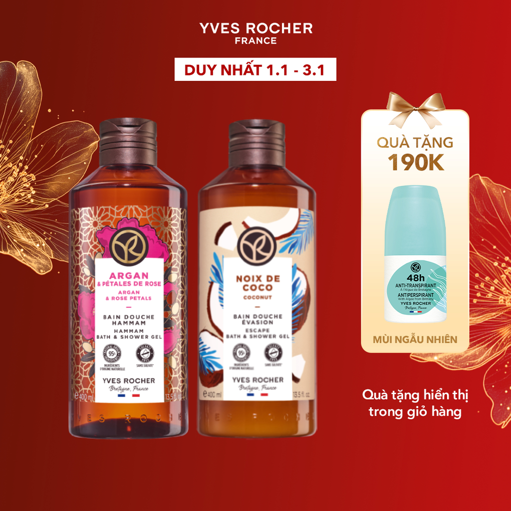 Combo 2 Sữa tắm Hương Hoa Hồng Tinh Dầu Argan và Hương Dừa Yves Rocher 400mlx2