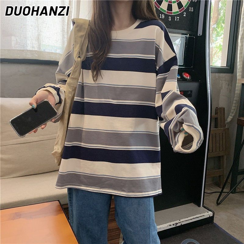 Duohanzi phong cách Hàn Quốc Kẻ Sọc Tay áo dài T-Shirt Cho Phụ Nữ, Giản Dị Mùa Thu Mùa Đông áo thời trang Với cổ tròn Và Quá Khổ Phù Hợp Với