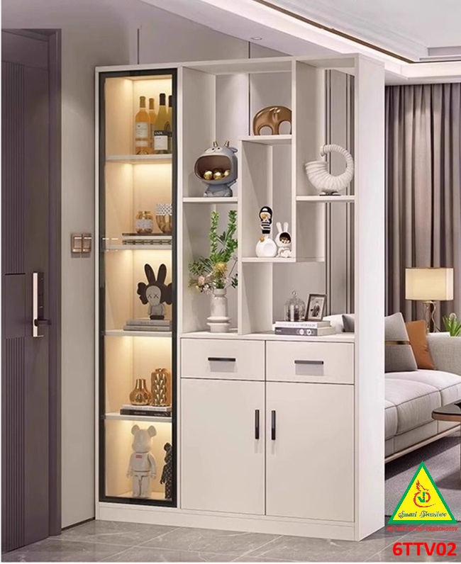 Tủ Trang Trí Phòng Khách Kết Hợp Vách Ngăn Gỗ MDF – Cánh Kính 6TTV02 ( không đèn) - NỘI THẤT LẮP RÁP VIENDONGADV