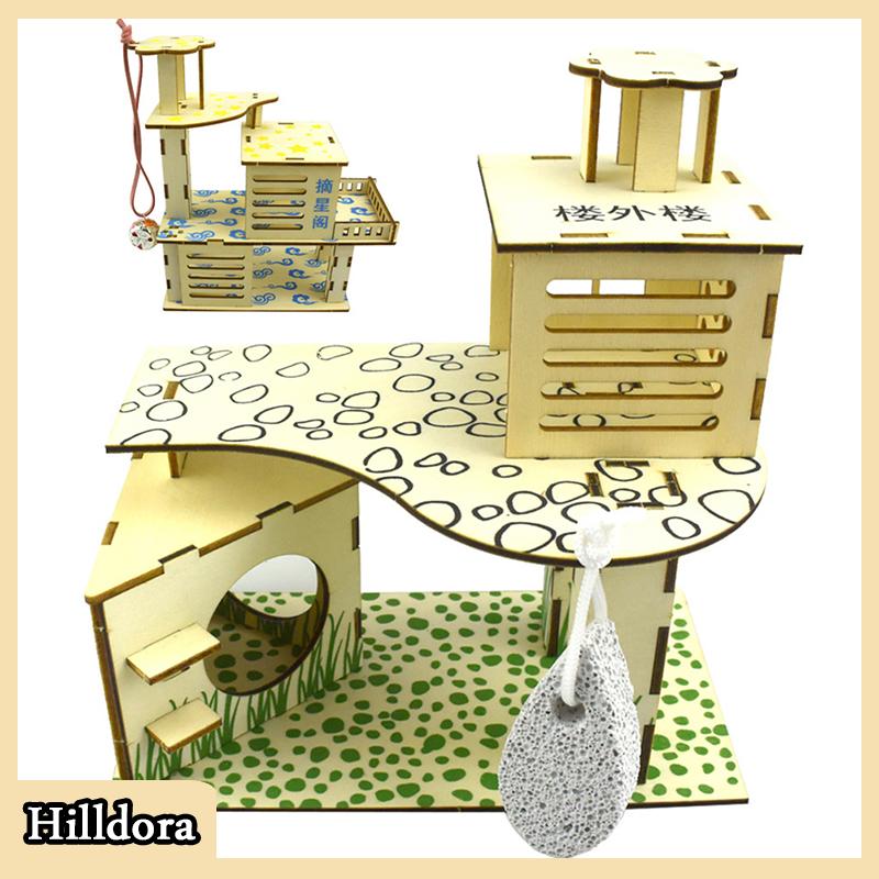 [Hilldora] Lều gỗ ẨN NÁU cho Chuột Hamster đồ chơi trang trí Leo núi biệt thự Nhiều Tầng Hình động vật nhỏ