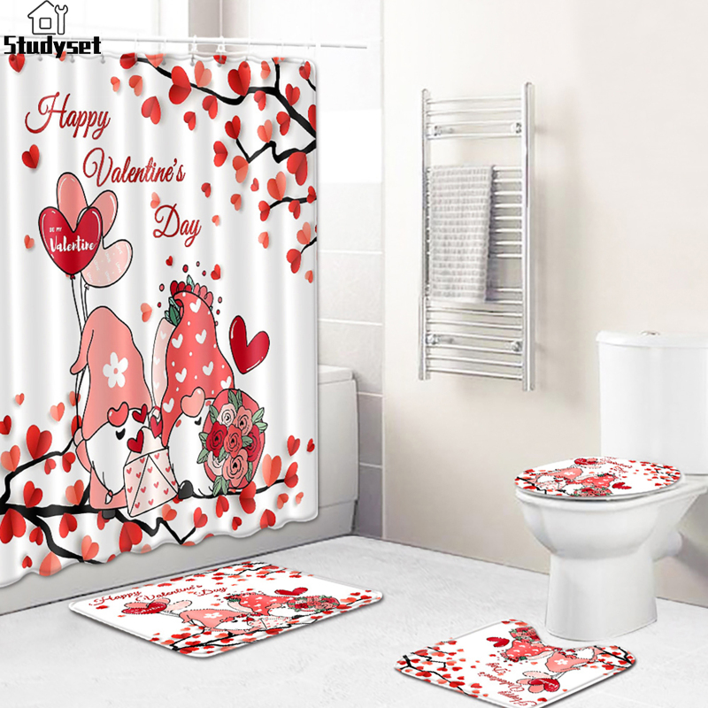 Studyset IN stock Valentine's Day Shower Curtain Sets With Toilet Lid Non-Slip Rug 6 Hooks Rug Red Love Heart Bathroom Set For Bathroom ราคา 563 บาท*ส่งฟรี