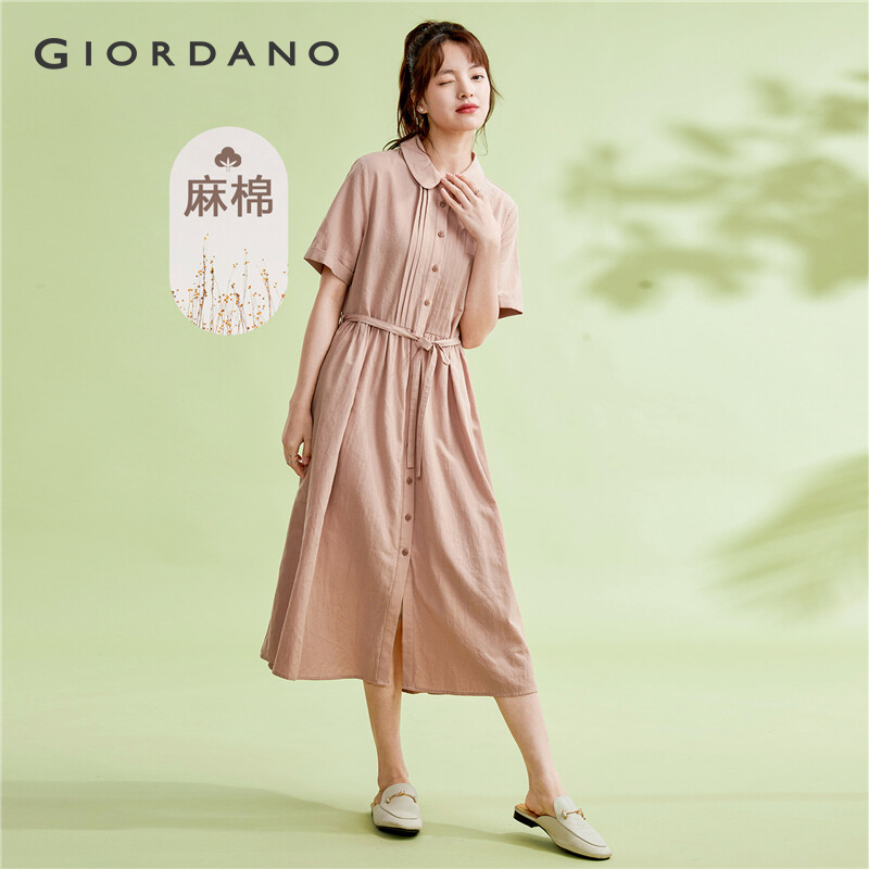 GIORDANO Nữ Áo Vải Lanh Cotton Búp Bê Phối Thắt Eo Áo Sơ Mi Áo Tay Ngắn Nhẹ Thời Trang Casaul Áo 05464347