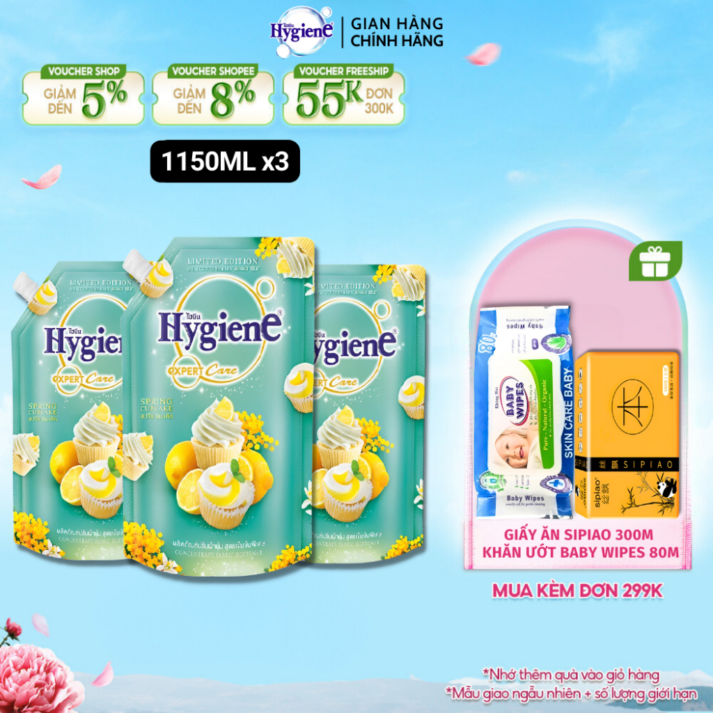 Combo 3 Nước Xả Vải Hygiene Thái Lan Giặt Xả Quần Áo Spring Cupcare Expert Care [Xanh] 1150ml