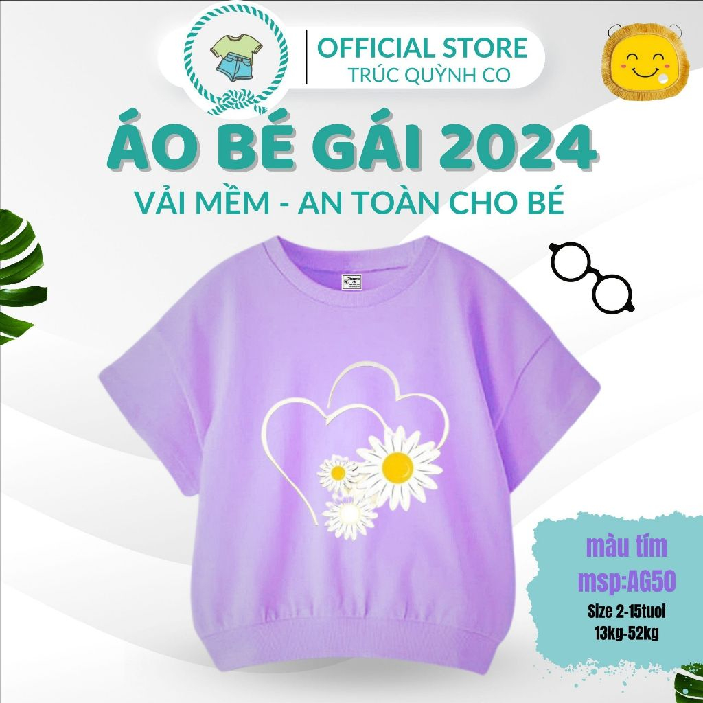 Áo Thun Bé Gái Trái Tim Hoa Cúc Mềm Mại An Toàn- Áo Thun  bán chạy Trúc Quỳnh Co12kg đến 52kg