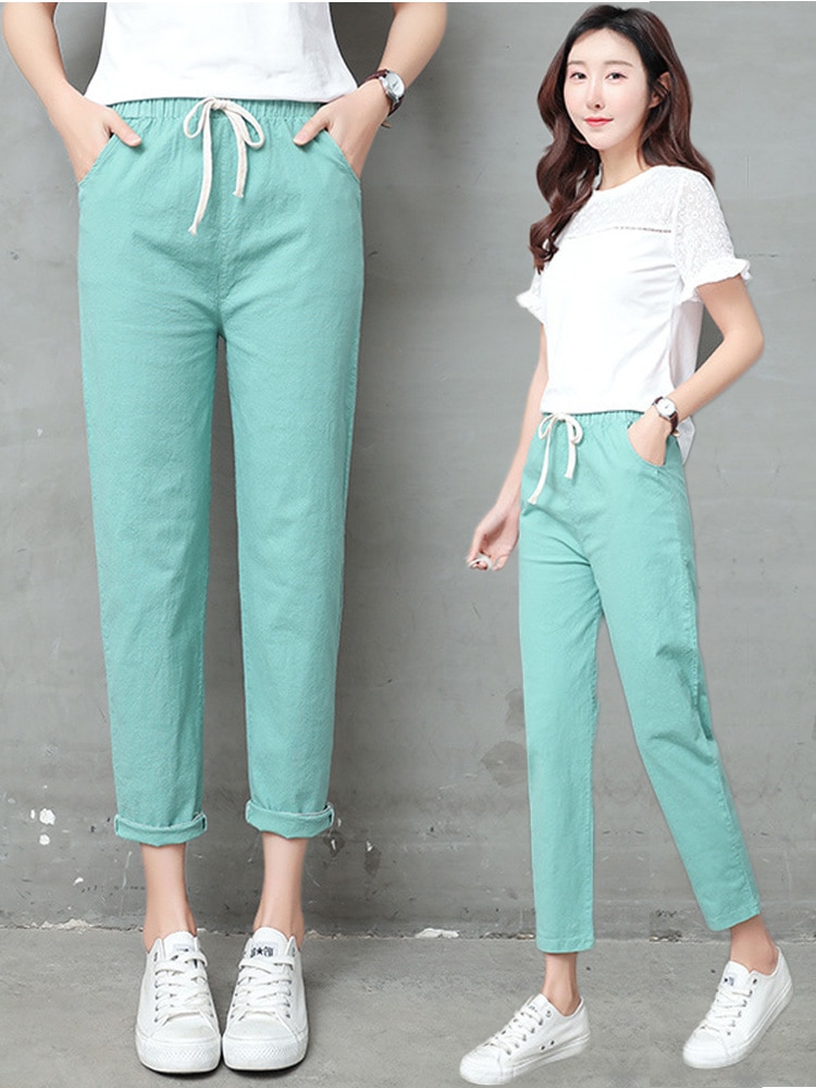 Trơn đơn giản Phụ Nữ Quần xuân hè Cotton Linen Phụ Nữ Mắt Cá Chân Dài Capris Quần quần xẻ hoạ tiết S-XXL